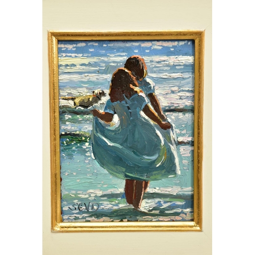 430 - SHERREE VALENTINE DAINES (BRITISH 1959) 'FROLICKING IN THE SURF', two girls and their dog paddling i... 