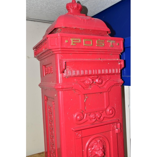 431 - A REPRODUCTION CAST METAL POST BOX, painted red with gilt 'POST' lettering, crown finial and lion he... 