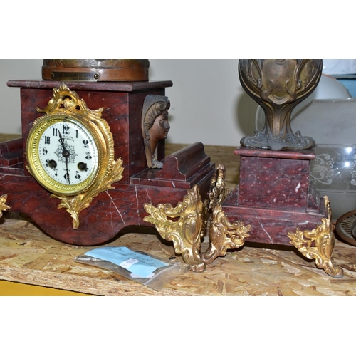 434 - AN EARLY 20TH CENTURY BRONZED SPELTER AND ROUGE MARBLE CLOCK GARNITURE, the clock with figural surmo... 