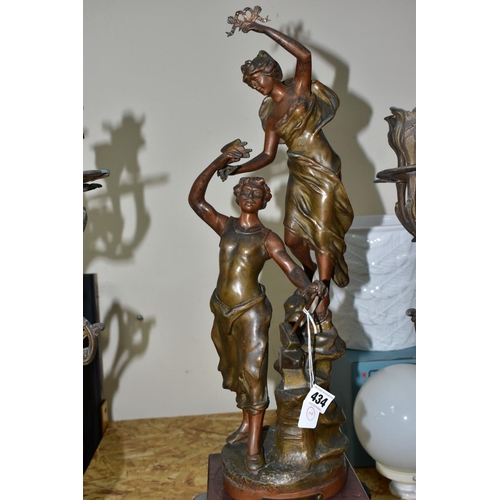 434 - AN EARLY 20TH CENTURY BRONZED SPELTER AND ROUGE MARBLE CLOCK GARNITURE, the clock with figural surmo... 