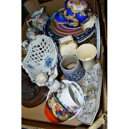 441 - A BOX OF CERAMICS, to include a continental porcelain reticulated basket supported by a pair of putt... 