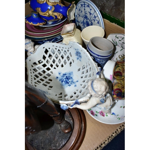 441 - A BOX OF CERAMICS, to include a continental porcelain reticulated basket supported by a pair of putt... 