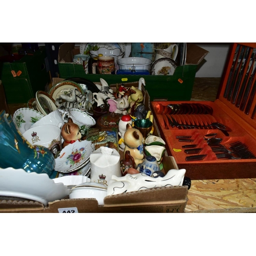 442 - FOUR BOXES AND LOOSE CERAMICS, GLASSWARES AND CUTLERY, to include a Royal Albert Flowers of the Mont... 