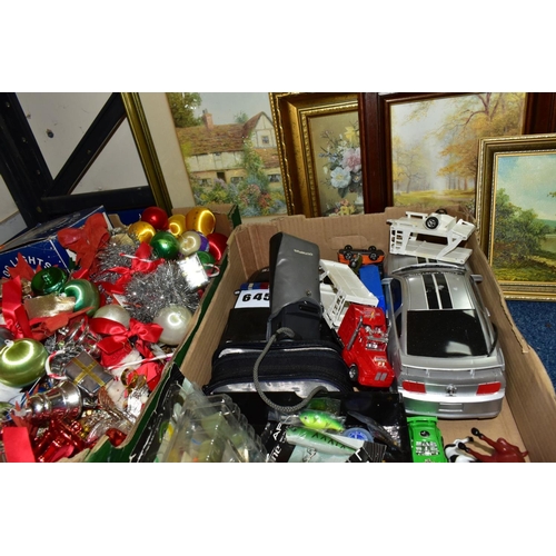 443 - FIVE BOXES AND LOOSE CERAMICS, PICTURES, CHRISTMAS DECORATIONS, CDS AND SUNDRY ITEMS, to include a t... 