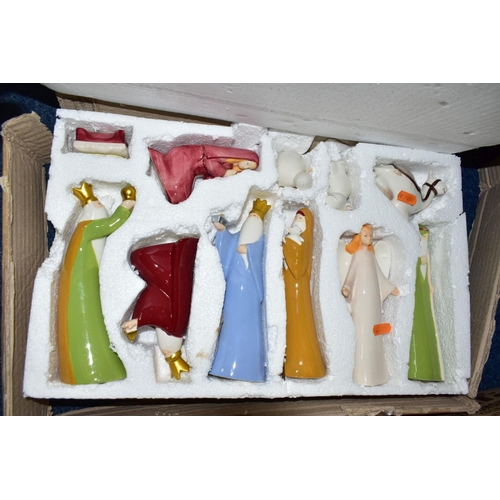 445 - THREE BOXES AND LOOSE CHRISTMAS DECORATIONS, to include a boxed ceramic nativity set in a contempora... 