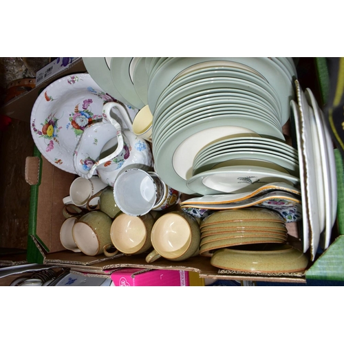 454 - SIX BOXES OF CERAMICS AND GLASSWARES, to include a twenty eight piece Copeland Spode Olympus part di... 