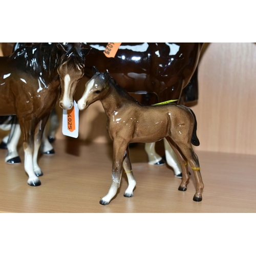 471 - TWO BESWICK BROWN GLOSS HORSES AND A FOAL, TOGETHER WITH ANOTHER UNMARKED BROWN GLOSS HORSE, the Bes... 