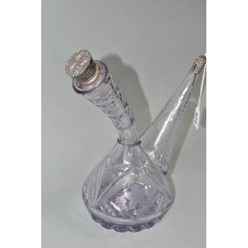 474 - A LATE 19TH/ EARLY 20TH CENTURY SPANISH STYLE PORRON DECANTER WITH WHITE METAL MOUNTS, the stopper w... 