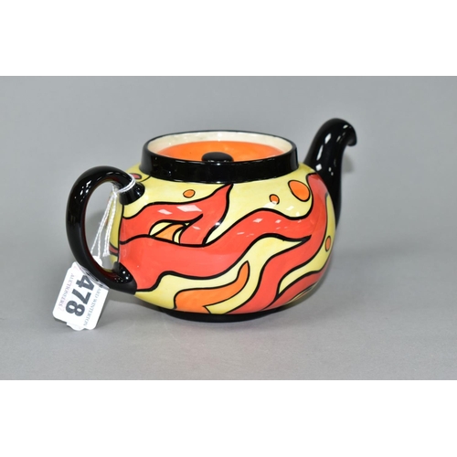 478 - AN OLD ELLEGREAVE POTTERY LORNA BAILEY 'INFERNO' TEA POT AND COVER, of circular form, printed, incis... 