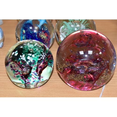 482 - SIX MODERN GLASS PAPERWEIGHTS ALL WITH COLOURED GLASS INCLUSIONS, one by Selkirk Glass titled and da... 