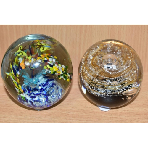 482 - SIX MODERN GLASS PAPERWEIGHTS ALL WITH COLOURED GLASS INCLUSIONS, one by Selkirk Glass titled and da... 