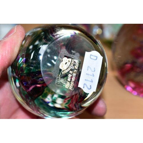 482 - SIX MODERN GLASS PAPERWEIGHTS ALL WITH COLOURED GLASS INCLUSIONS, one by Selkirk Glass titled and da... 