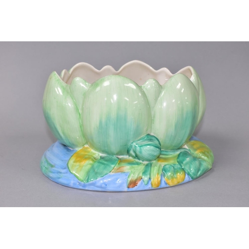 488 - A CLARICE CLIFF NEWPORT POTTERY WATER LILY PLANTER, shape no. 973, green, blue and yellow glazes, pr... 