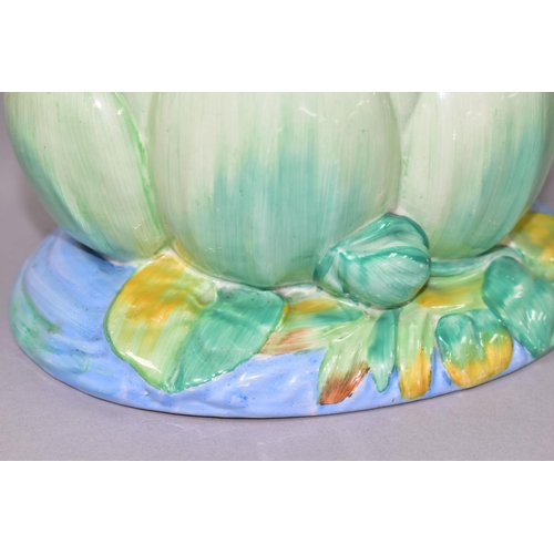 488 - A CLARICE CLIFF NEWPORT POTTERY WATER LILY PLANTER, shape no. 973, green, blue and yellow glazes, pr... 