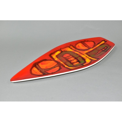 489 - A POOLE POTTERY DELPHIS SPEAR SHAPED PLATTER, orange, red and green glazes, printed factory marks an... 