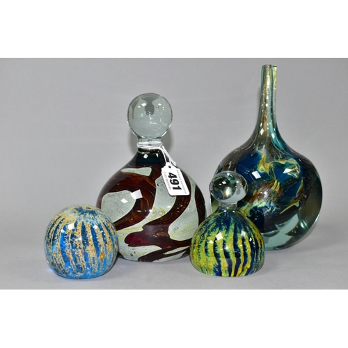 491 - A MDINA GLASS VASE AND THREE SIMILAR PAPERWEIGHTS, the vase with narrow neck over a cube shaped body... 