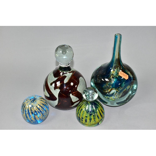 491 - A MDINA GLASS VASE AND THREE SIMILAR PAPERWEIGHTS, the vase with narrow neck over a cube shaped body... 