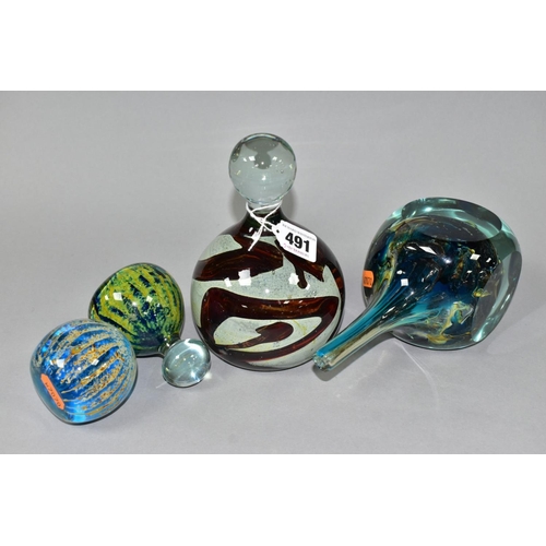 491 - A MDINA GLASS VASE AND THREE SIMILAR PAPERWEIGHTS, the vase with narrow neck over a cube shaped body... 