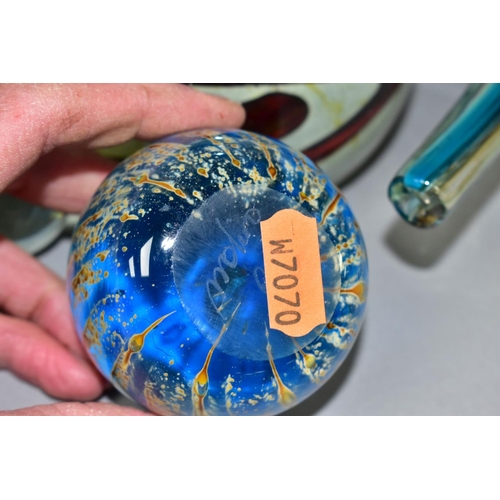 491 - A MDINA GLASS VASE AND THREE SIMILAR PAPERWEIGHTS, the vase with narrow neck over a cube shaped body... 