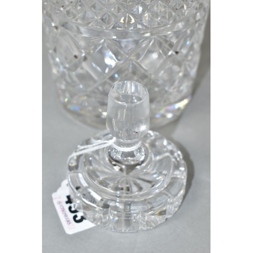 493 - A MODERN CLEAR GLASS DECANTER WITH HALLMARKED SILVER COLLAR, circular stopper, double ring neck abov... 