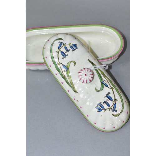 502 - AN EDWARDIAN MINTONS TOOTHBRUSH BOX AND COVER, printed and painted with a bluebell design, D4599, pr... 