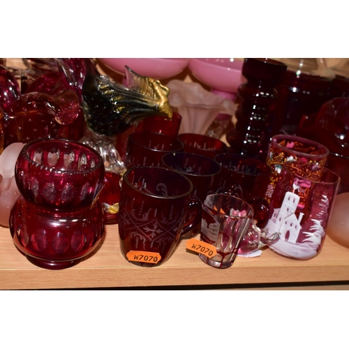 507 - A COLLECTION OF 19TH AND 20TH CENTURY COLOURED GLASSWARE, MOSTLY CRANBERRY AND RUBY, includes a case... 