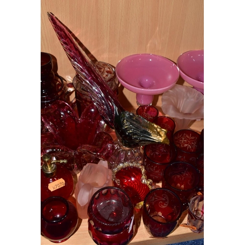 507 - A COLLECTION OF 19TH AND 20TH CENTURY COLOURED GLASSWARE, MOSTLY CRANBERRY AND RUBY, includes a case... 