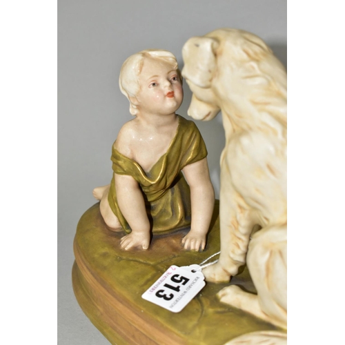 513 - A ROYAL DUX FIGURE OF A BABY AND A SEATED DOG ON AN OVAL BASE INDISCTINCTLY STAMPED 'CAN'T YOU TALK'... 