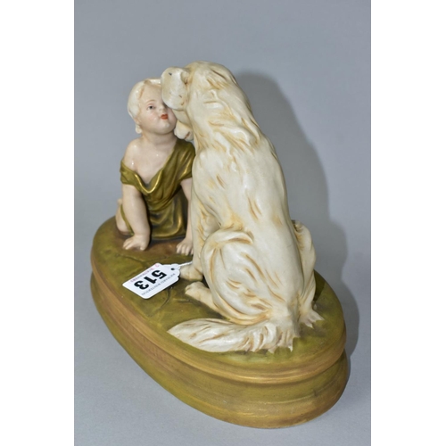 513 - A ROYAL DUX FIGURE OF A BABY AND A SEATED DOG ON AN OVAL BASE INDISCTINCTLY STAMPED 'CAN'T YOU TALK'... 