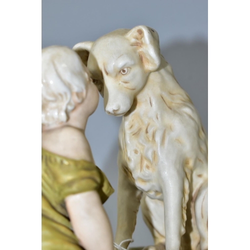 513 - A ROYAL DUX FIGURE OF A BABY AND A SEATED DOG ON AN OVAL BASE INDISCTINCTLY STAMPED 'CAN'T YOU TALK'... 