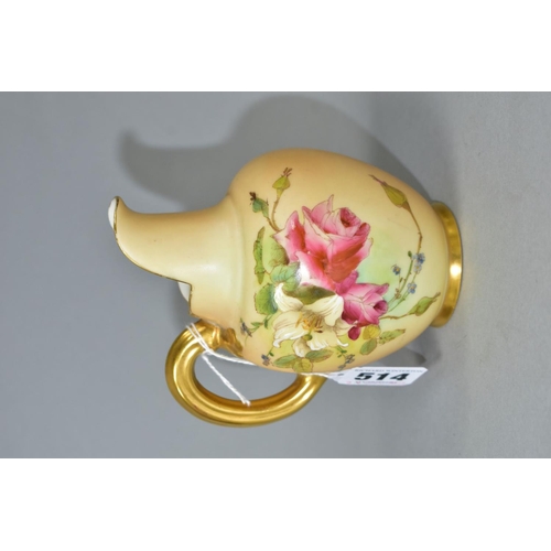 514 - A ROYAL WORCESTER BLUSH IVORY JUG WITH GILT HANDLE, printed and tinted with flowers, shape no.1094, ... 