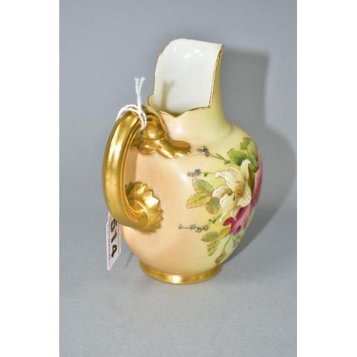 514 - A ROYAL WORCESTER BLUSH IVORY JUG WITH GILT HANDLE, printed and tinted with flowers, shape no.1094, ... 