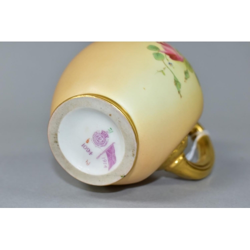 514 - A ROYAL WORCESTER BLUSH IVORY JUG WITH GILT HANDLE, printed and tinted with flowers, shape no.1094, ... 