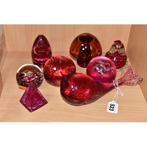 523 - EIGHT MODERN GLASS PAPERWEIGHTS, PRIMARILY CRANBERRY AND RUBY IN COLOUR, including a Wedgwood whale,... 