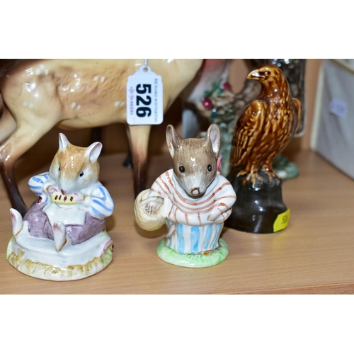 526 - FIVE BESWICK ANIMAL AND BIRD FIGURES AND A ROYAL DOULTON 'MR TOADFLAX' BRAMBLY HEDGE FIGURE, D. BH10... 