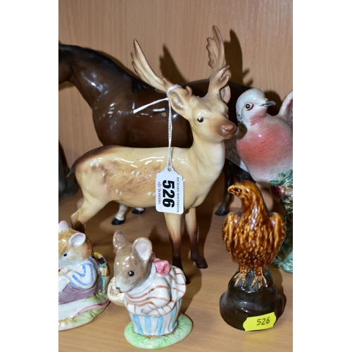 526 - FIVE BESWICK ANIMAL AND BIRD FIGURES AND A ROYAL DOULTON 'MR TOADFLAX' BRAMBLY HEDGE FIGURE, D. BH10... 