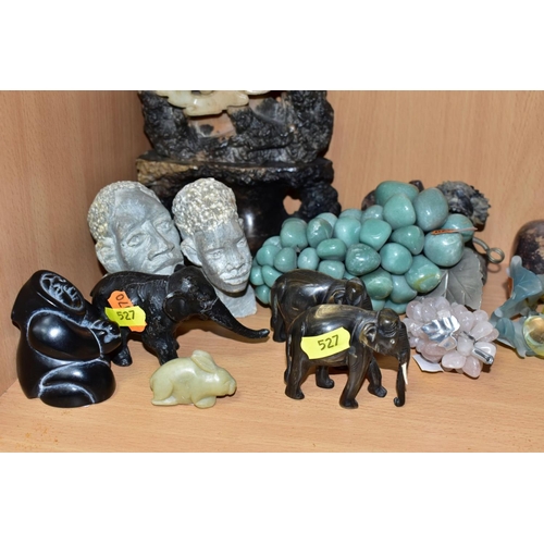 527 - A GROUP OF HARDSTONE, SOAPSTONE, CERAMIC AND GLASS ORNAMENTS OF ANIMALS, BUSTS, GRAPES, ETC, includi... 