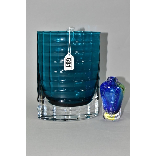 531 - A SWEDISH ALSTERBO RIBBED PEACOCK BLUE CASED GLASS VASE, circa 1960's, elliptical in shape with hori... 