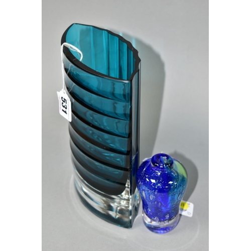 531 - A SWEDISH ALSTERBO RIBBED PEACOCK BLUE CASED GLASS VASE, circa 1960's, elliptical in shape with hori... 