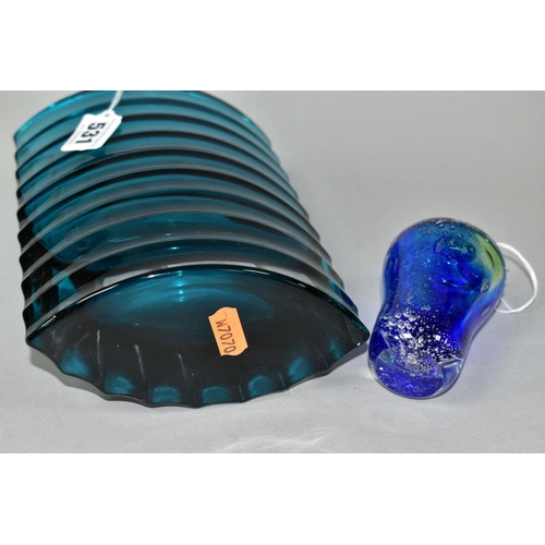 531 - A SWEDISH ALSTERBO RIBBED PEACOCK BLUE CASED GLASS VASE, circa 1960's, elliptical in shape with hori... 