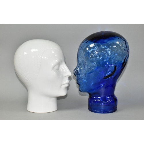 532 - TWO DECORATIVE DISPLAY HEADS IN BLUE GLASS AND WHITE GLAZED CERAMIC, heights 30cm and 27cm (2) (Cond... 