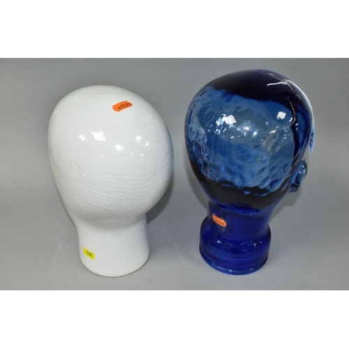 532 - TWO DECORATIVE DISPLAY HEADS IN BLUE GLASS AND WHITE GLAZED CERAMIC, heights 30cm and 27cm (2) (Cond... 