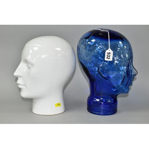 532 - TWO DECORATIVE DISPLAY HEADS IN BLUE GLASS AND WHITE GLAZED CERAMIC, heights 30cm and 27cm (2) (Cond... 