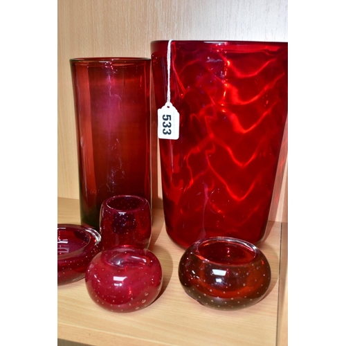 533 - SIX PIECES OF LATE 20TH CENTURY RUBY COLOURED DECORATIVE GLASSWARE, comprising a Whitefriars conical... 