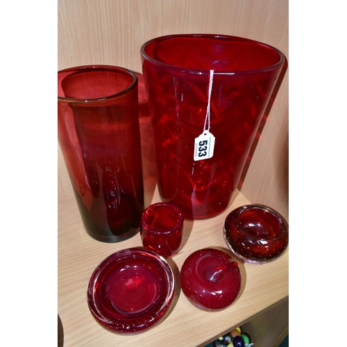 533 - SIX PIECES OF LATE 20TH CENTURY RUBY COLOURED DECORATIVE GLASSWARE, comprising a Whitefriars conical... 