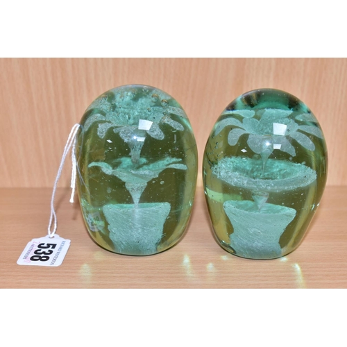 538 - TWO 19TH CENTURY GLASS DUMP WEIGHTS WITH TWO TIER FOUNTAIN INCLUSIONS, rough pontils, heights 8.5cm ... 