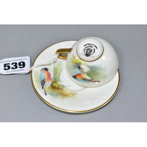 539 - A ROYAL WORCESTER MINIATURE CUP AND SAUCER, the ivory ground painted with a Redstart to the cup and ... 