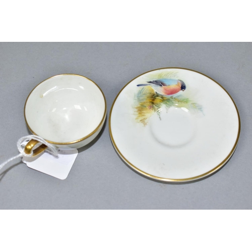 539 - A ROYAL WORCESTER MINIATURE CUP AND SAUCER, the ivory ground painted with a Redstart to the cup and ... 