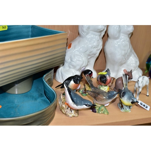 543 - TEN BESWICK ANIMAL AND BIRD FIGURES AND TWO BESWICK VASES/PLANTERS, comprising a pair of white glaze... 