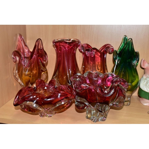 545 - SIX MURANO STYLE BOHEMIAN CASED GLASS VASES AND BOWLS, one clear green and yellow, the other five cl... 